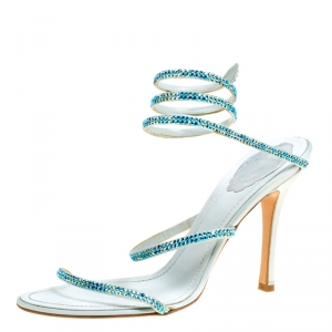Rene Caovilla Metallic Blue Crystal Embellished Ankle Wrap Sandals Size 40