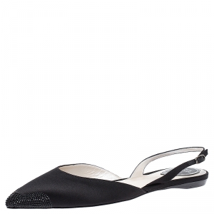 Rene Caovilla Black Crystal Embellished Satin Operina Slingback Flats Size 40