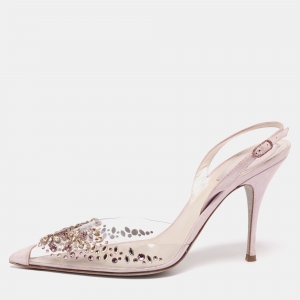 René Caovilla Lilac Shimmer Suede and PVC Claire Crystals Embellished Sandals Size 38