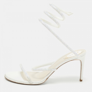 René Caovilla White Leather Crystal Embellished Ankle Wrap Sandals Size 41