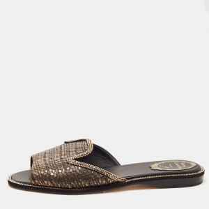 René Caovilla Gold Python and Crystal Embellished Flat Slides Size 39  
