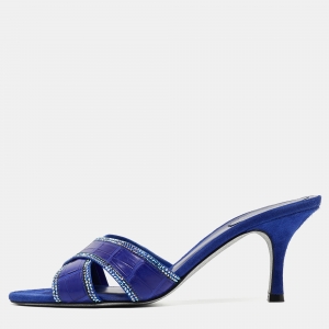 Rene Caovilla Blue Crocodile and Suede Crystal Embellished Slides Sandals Size 38.5