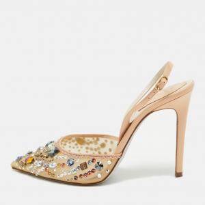 René Caovilla Beige Mesh and Leather Crystal Embellished Slingback Pumps Size 39