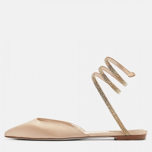 René Caovilla Beige Satin Ankle Wrap Flats Size 38