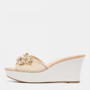 René Caovilla Beige/White Leather Floral Embellished Wedge Sandals Size 39
