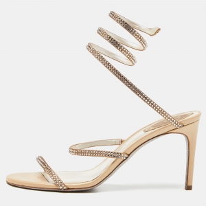 René Caovilla Beige Satin Cleo Crystals Sandals Size 39.5
