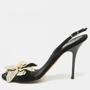 René Caovilla Black Velvet and Satin Pearls Embellished Slingback Sandals Size 40