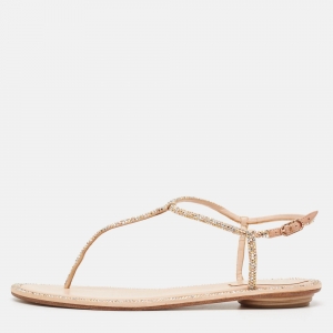 René Caovilla Metallic Crystal Embellished Satin Thong Flat Sandals Size 37