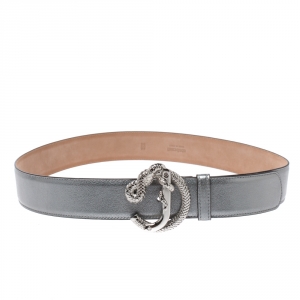 Roberto Cavalli Metallic Silver Leather Snake Buckle Belt 95CM