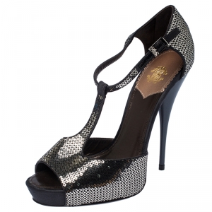 Pre Owned Roberto Cavalli Metallic Silver Sequin Platform Ankle Strap Sandals Size 38