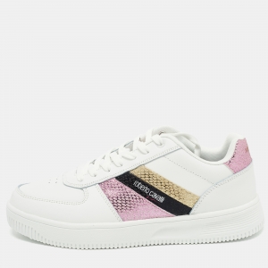 Roberto Cavalli White Glitter and Leather Python Embossed Panelled Low Top Sneakers Size 40