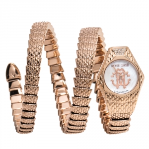 Roberto Cavalli By Franck Muller Mother Of Pearl Rose Gold Plated Stainless Steel Diamond Snake RV2L021M0051 Women's Wristwatch 23 mm