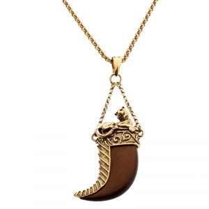 Pre Owned Roberto Cavalli Brown Leather Tooth Gold Tone Pendant Necklace