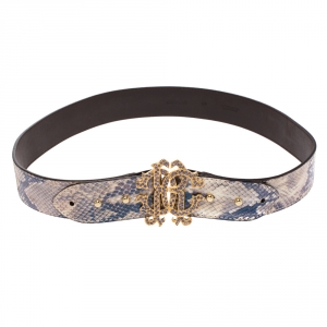 Roberto Cavalli Beige Iridescent Python Logo Buckle Belt 95CM