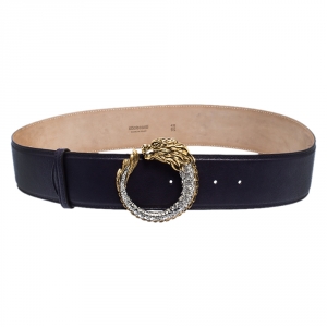 Roberto Cavalli Navy Blue Leather Dragon Buckle Belt 95CM