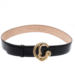 Roberto Cavalli Black Patent Leather Snake Buckle Belt 95CM