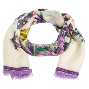 Pre Owned Roberto Cavalli Cream Floral Print Cashmere & Silk Scarf