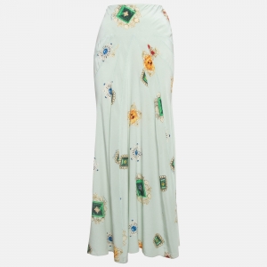 Pre Owned Roberto Cavalli Blue Glitter Printed Silk Flared Maxi Skirt M