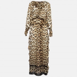 Pre Owned Roberto Cavalli Brown Leopard Print Silk Ruffled Maxi Dress M