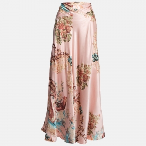 Pre Owned Roberto Cavalli Pink Floral Print Satin Silk Flared Maxi Skirt L