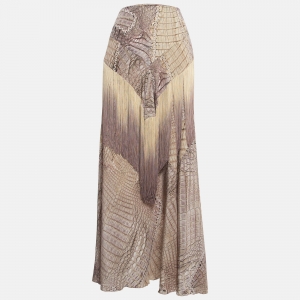 Pre Owned Roberto Cavalli Brown Python Print Fringed Flared Maxi Skirt M