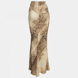 Pre Owned Roberto Cavalli Vintage Brown Printed Silk Maxi Skirt M