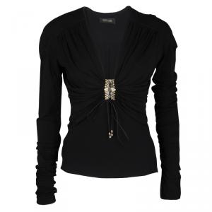 Pre Owned Roberto Cavalli Black Embellished Tie Detail Long Sleeve Ruched Top M