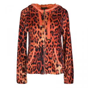 Pre Owned Roberto Cavalli Gym Orange Leopard Print Hooded Zip Front Sweatshirt M