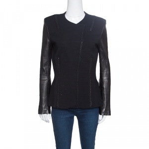 Roberto Cavalli Black Leather Sleeve Detail Wool and Cashmere Jacket S