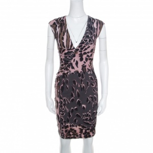 Pre Owned Roberto Cavalli Grey and Pink Ruched Animal Print Dress S