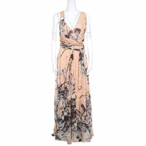 Pre Owned Roberto Cavalli Blush Pink Floral Printed Silk Cross Back Belted Maxi Dress M