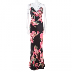 Pre Owned Roberto Cavalli Multicolor Floral and Glitter Printed Silk Maxi Slip Dress M