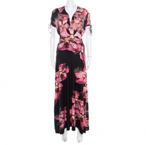 Roberto Cavalli Black Floral Printed Stretch Knit Top and Maxi Skirt Set M