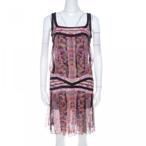 مملوكة مسبقًا فستان واسع روبرتو كافالي بلا اكمام حافة دانتيل حرير شفاف مورد أسود ووردي S