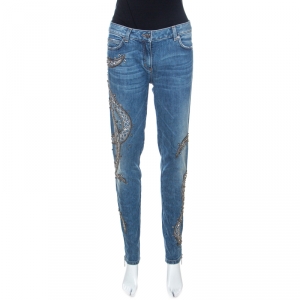 Pre Owned Roberto Cavalli Indigo Faded Effect Denim Embellished Jeans M