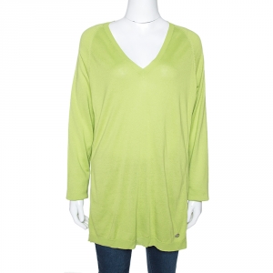 Pre Owned Roberto Cavalli Lime Green Cashmere & Silk Paneled V Neck Sweater L