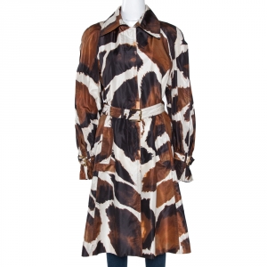 Roberto Cavalli Brown Printed Silk Pleat Detail Belted Coat M