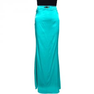 مملوكة مسبقًا Roberto Cavalli Emerald Green Embellished Stretch Satin Silk Maxi Skirt L