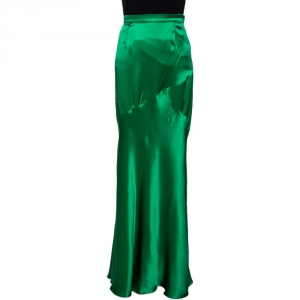 Pre Owned Roberto Cavalli Green Satin Silk Flared Maxi Skirt L