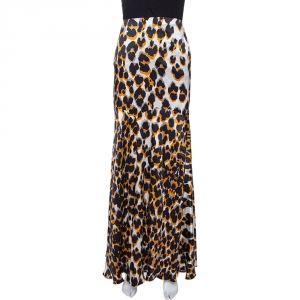 مملوكة مسبقًا تنورة ماكسي روبرتو كافالي حرير نقشة الفهد بني وأسود L