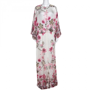 مملوكة مسبقًا Roberto Cavalli Pink & White Floral Print Silk Maxi Dress M