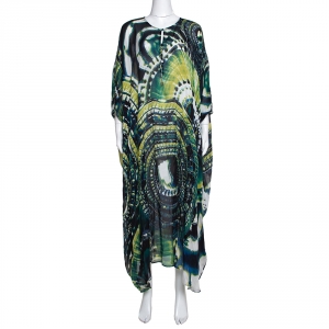 Pre Owned قفطان روبرتو كافالي حرير شفاف تاي داي متعدد الألوان مقاس كبير (لارج)