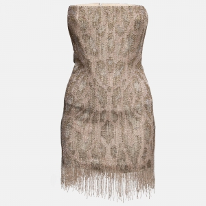 Roberto Cavalli Brown Patterned Bead Embellished Silk Strapless Dress S