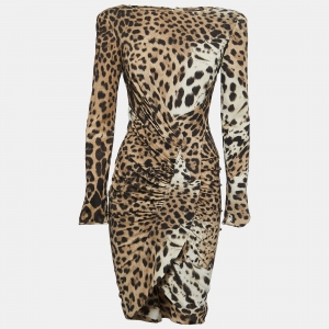 Pre Owned Roberto Cavalli Beige Animal Print Silk Draped Midi Dress S