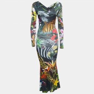 Pre Owned Roberto Cavalli Multicolor Floral Print Jersey Beetle Brooch Cutout Maxi Dress S