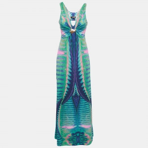 Pre Owned Roberto Cavalli Multicolor Print stretch Knit Cut-Out Sleeveless Maxi Dress M
