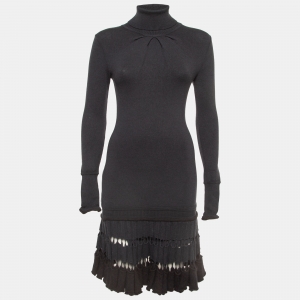 Pre Owned Roberto Cavalli Grey Wool Turtle Neck Flounce Short Dress S
