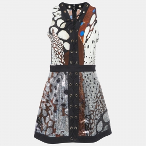Pre Owned Roberto Cavalli Multicolor Printed Sequin and Cotton Lace-Up Mini Dress M