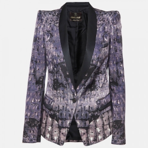 Roberto Cavalli Purple Printed Silk Single-Breasted Blazer M