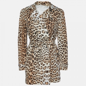 Roberto Cavalli Beige Leopard Print Cotton Blend Trench Coat L